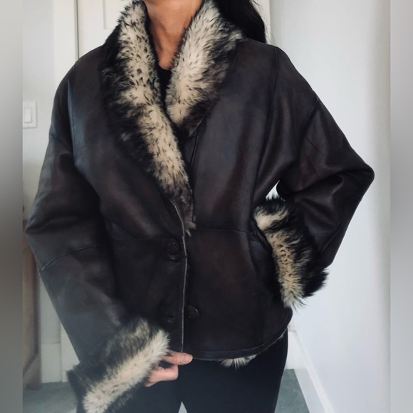New Vintage European 90s Y2K brown leather shearling crop short jacket S Small - Picture 1 of 11